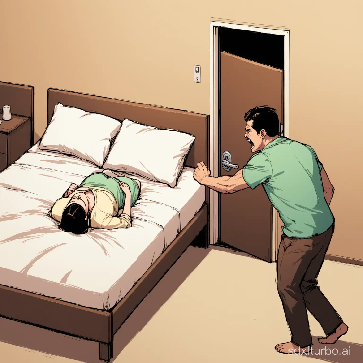 A man pushes open the door and sees his wife and another man lying in bed together, angrily confronting them.