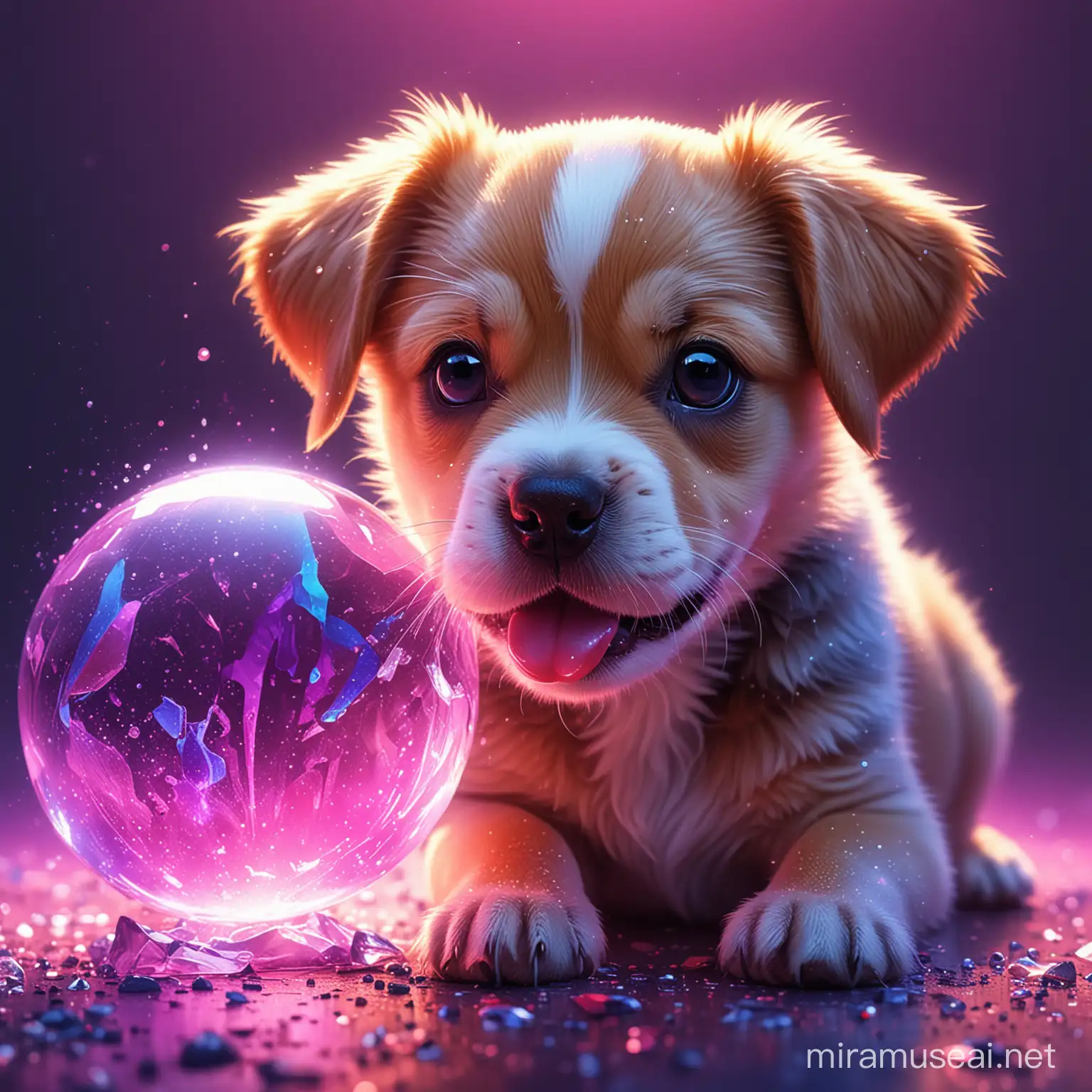 Puppy with tongue out, orb, crystal ball, HD, high resolution, vibrant, glass, colored light, dew, glowing neon, colorful, digital painting, digital illustration, extreme detail, digital art, 4k, ultra hd