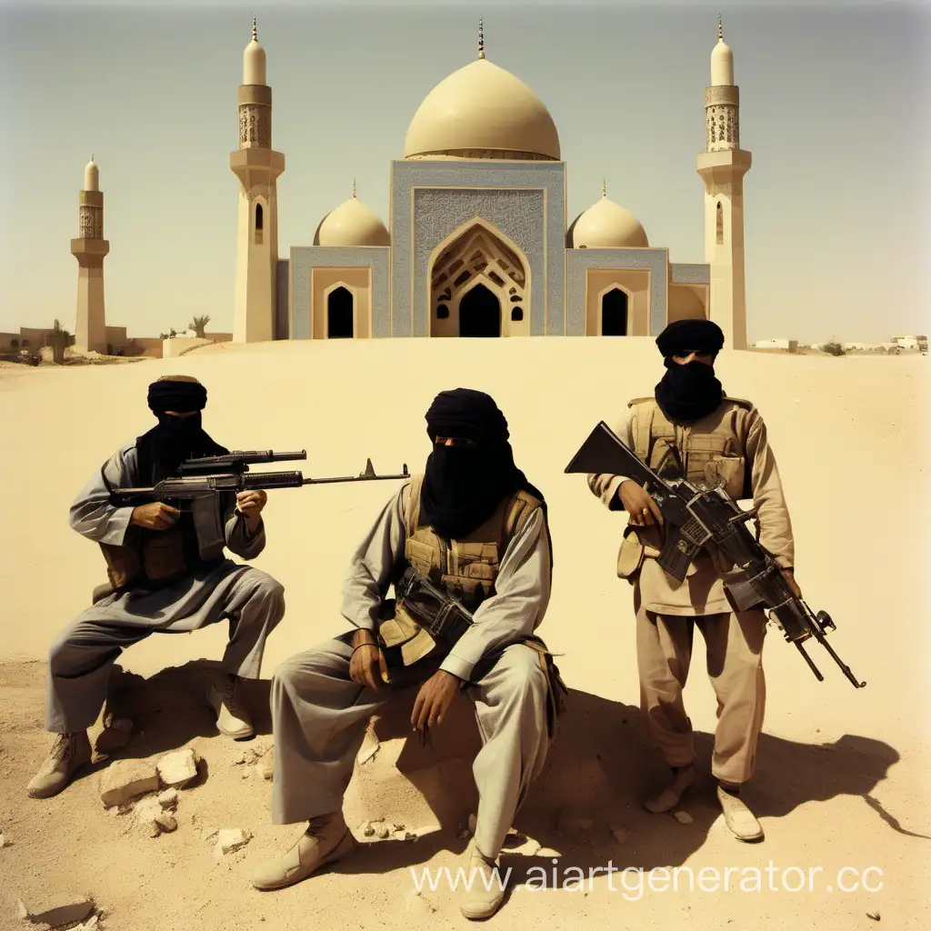 Два восточных война с автоматами, в арафатах, стоят в пустыне напротив арабской мечети. Снизу надпись «Персидский гамбит»