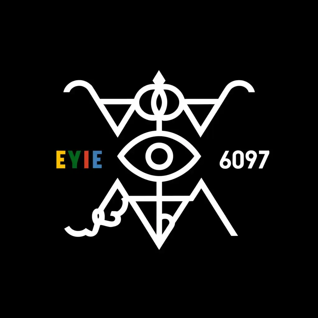 a logo design,with the text "6097", main symbol:gun devil and angel, illuminats, eye, global conspiracy, black and white, 2 intruder,Minimalistic,clear background