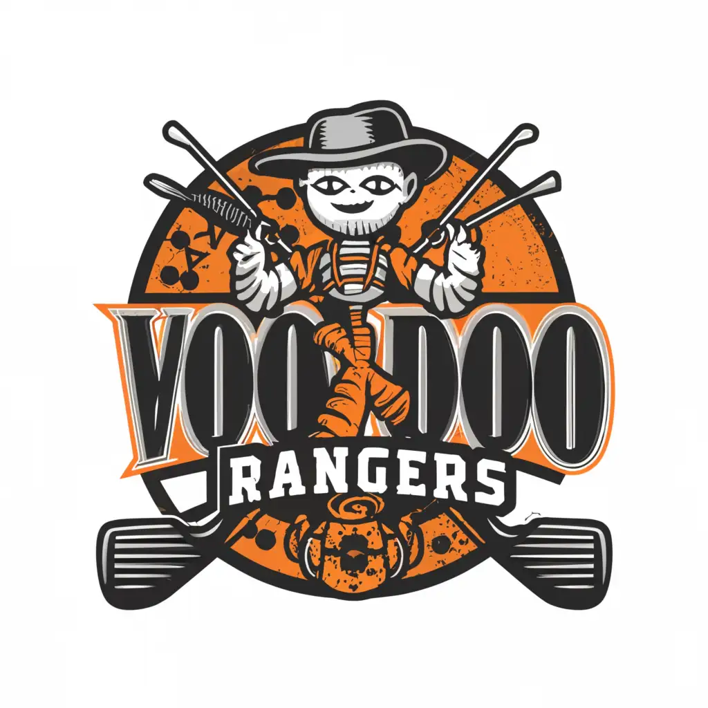 a logo design,with the text "Voodoo Rangers", main symbol: Mean 
Voodoo Doll 
Golf club
,complex,be used in Sports Fitness industry,clear background