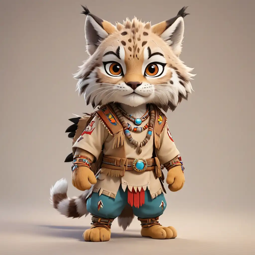 a cute lynx in cartoon style, full body, American Indian clothes, with clear background