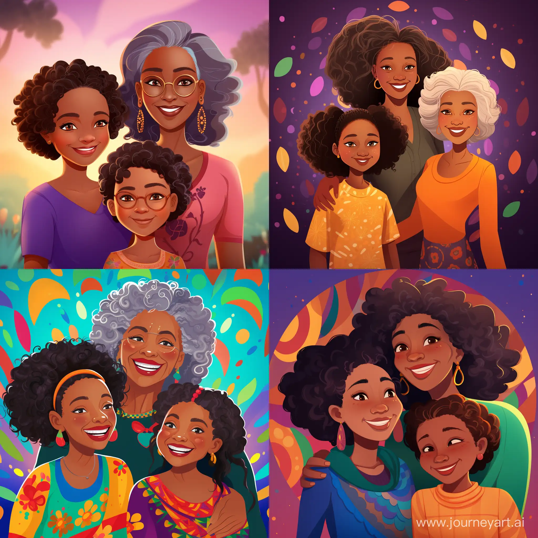 Colourful cartoon style of a black girl with her mother and grandmother