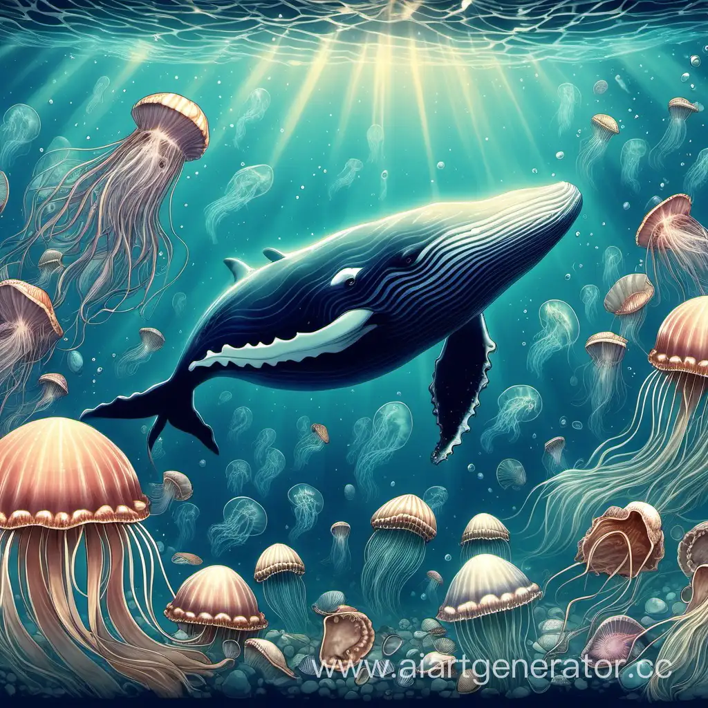 Вода,ракушки,кит,медуза