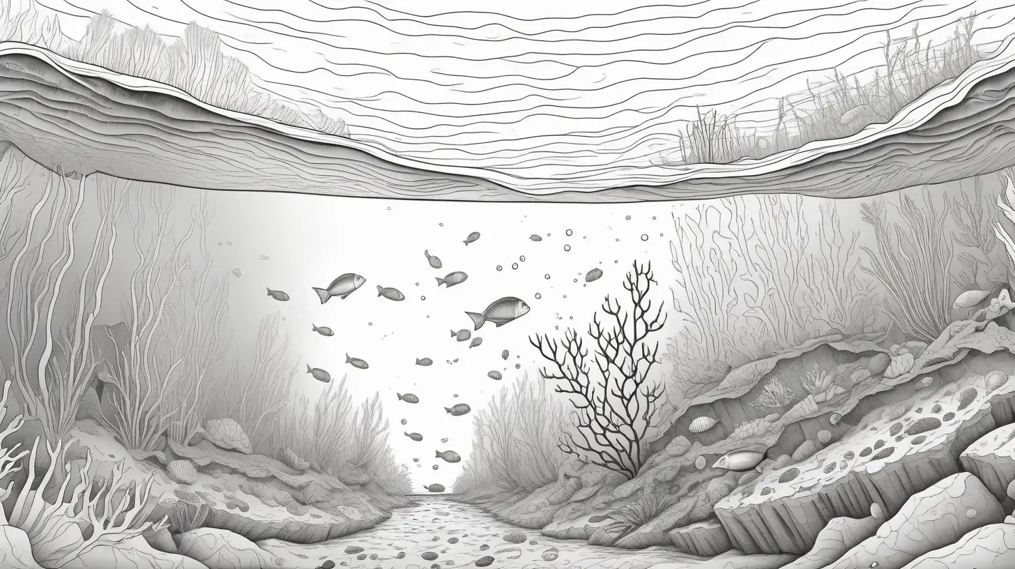 low detail coloring page, underwater view of a sediment settling at the bottom of a river