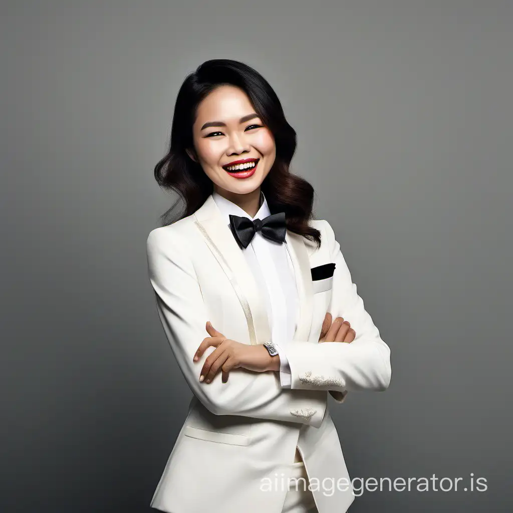 cute and sophisticated and confident vietnamese woman with shoulder length hair and  lipstick wearing an ivory tuxedo with a white shirt and a black bow tie, cufflinks, crossing her arms, laughing and smiling