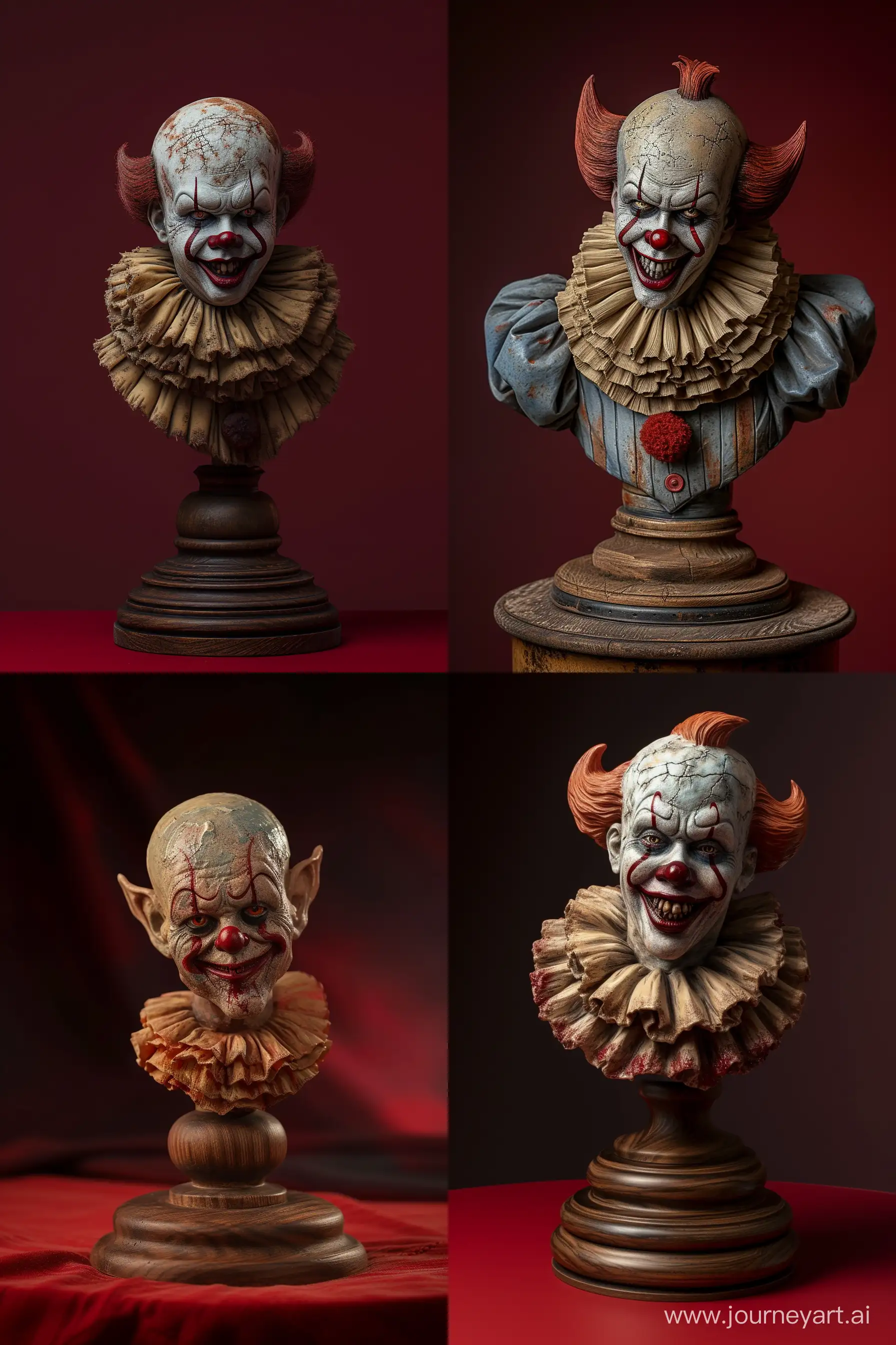 A Sculpture of Clown Wooden Base, Bust Style, Blistered Texture, Dark Red Background, Cinematic Pose, Wide Shot, High Precision --ar 2:3