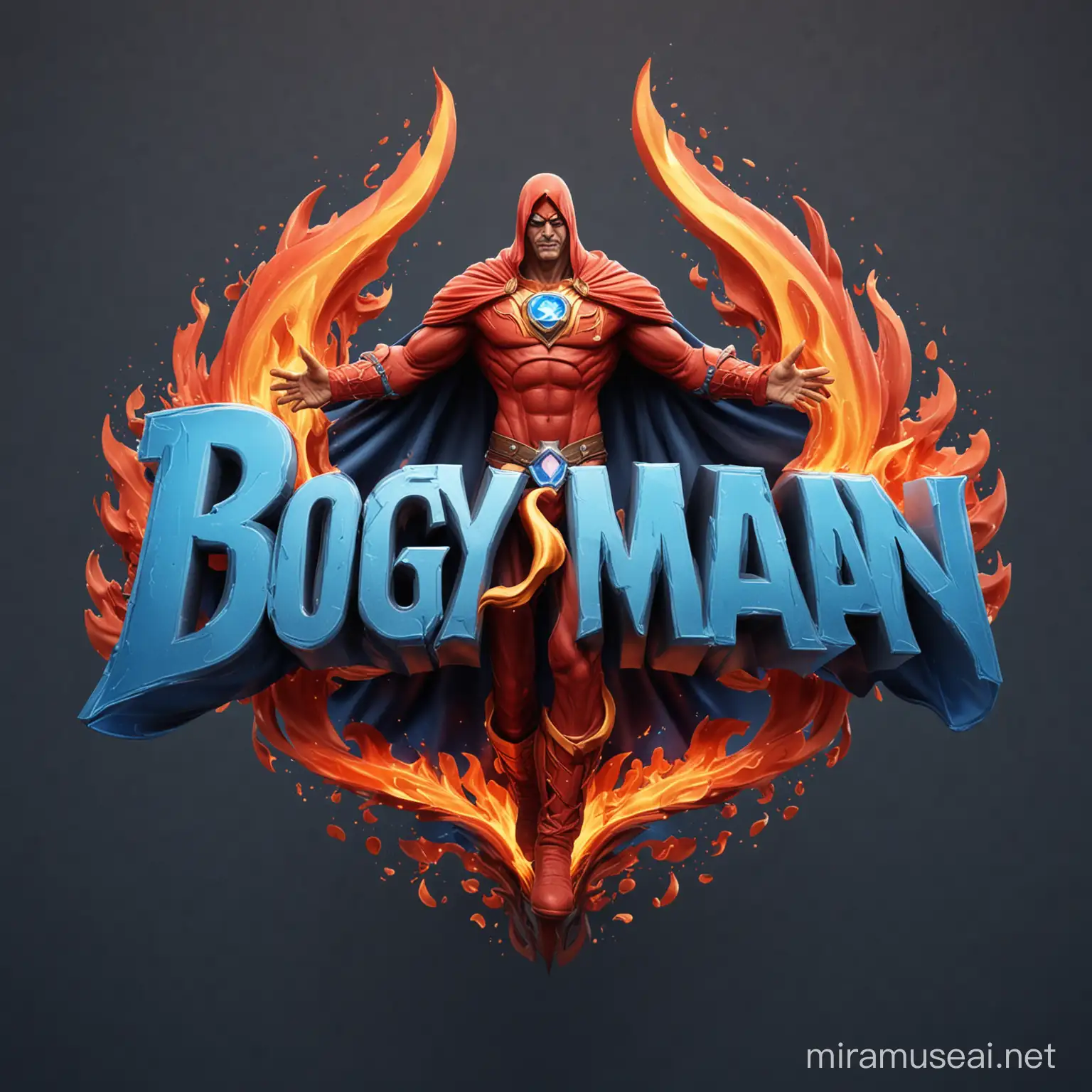 3d logo, man with flaming cape,flame red and blue with name written "Bogyman"
