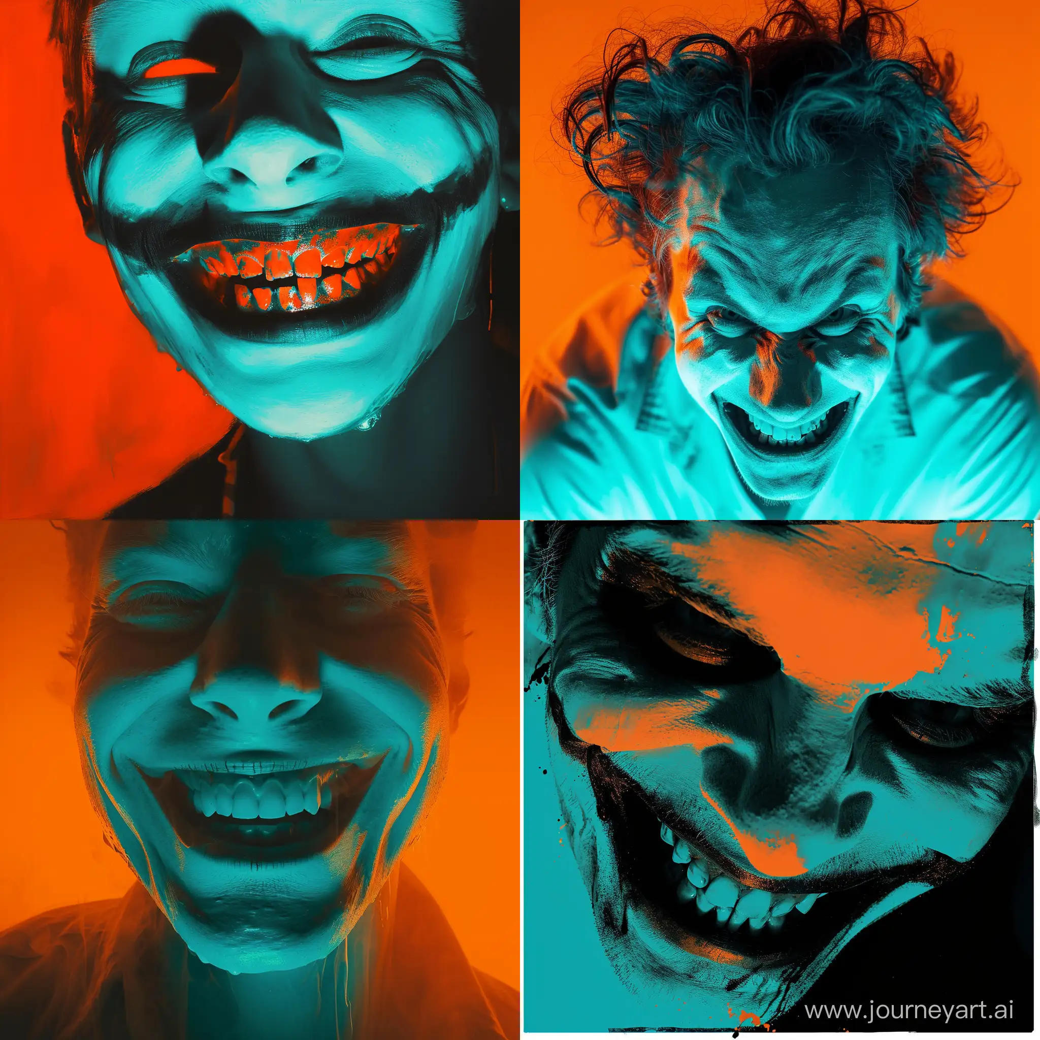 Mysterious-Grim-Smiles-Illuminated-in-Turquoise-and-Orange-Light