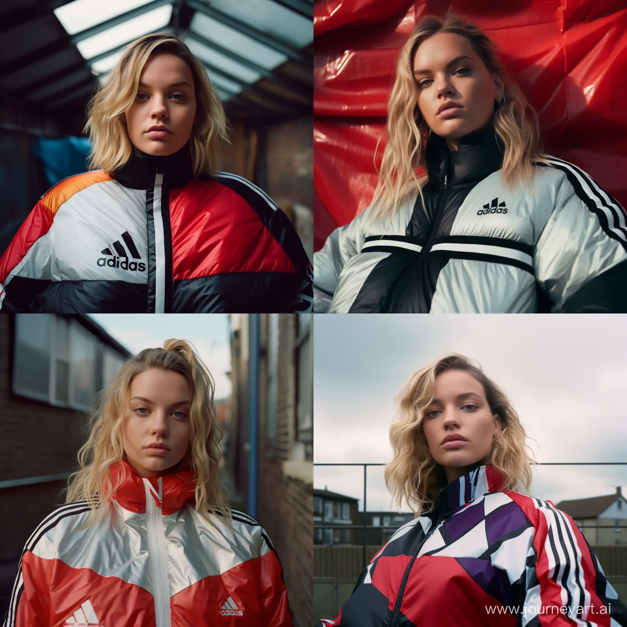 Eccentric-Dutch-Woman-in-Bold-Color-Block-Adidas-Windbreaker-and-Sumo-Inflatable-Fat-Suit