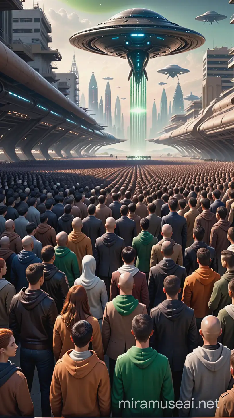 a mass of humanity unites to fight against aliens