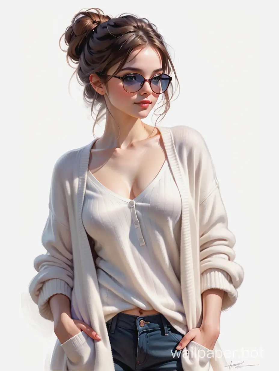 Cute girl. Soft cozy shades. Full length on a white background. Clarity, Sharpness. Style by Harrison Fisher, Brian Froude and Jeremy Mann