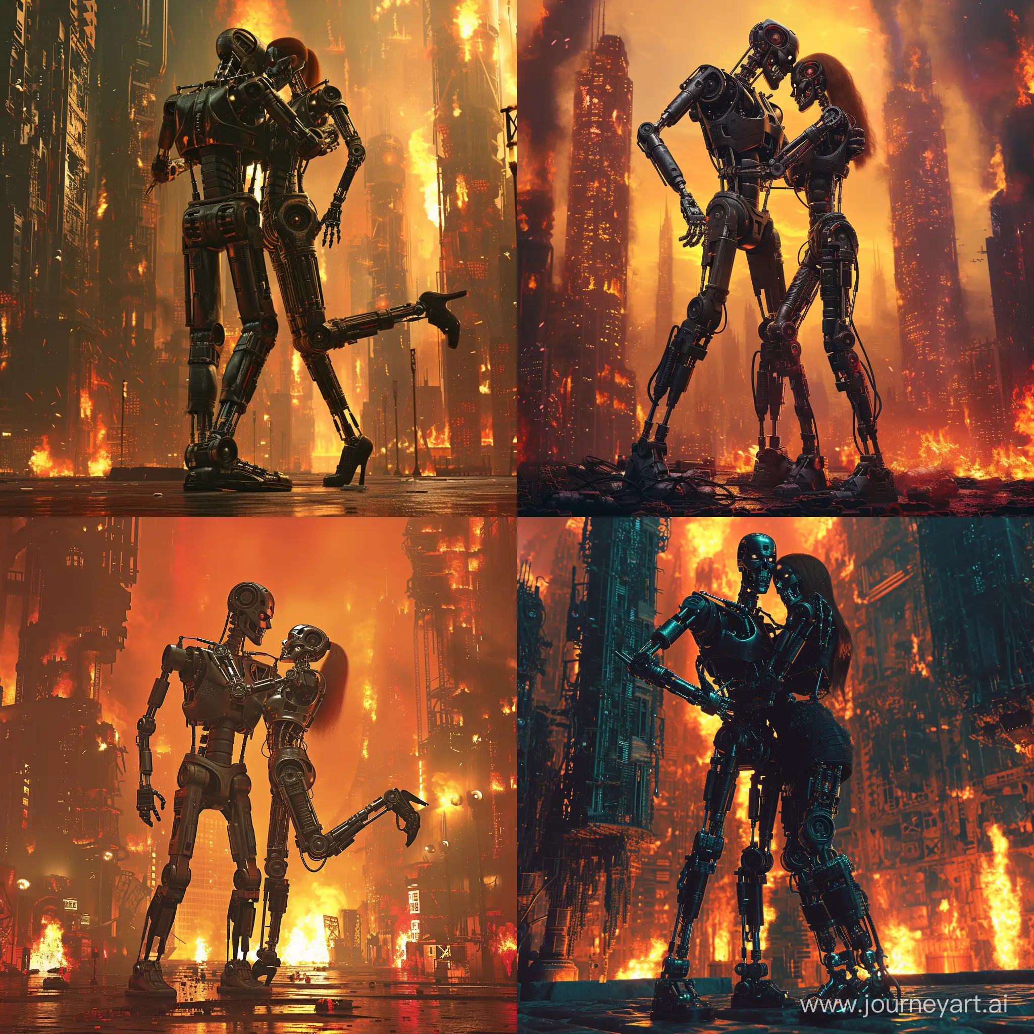 Scene in a burning megalopolis where the towers are collapsing.
Futuristic, dark and gothic atmosphere.
A male terminator robot falls in love with a female terminator robot. They will hug each other, each has one leg raised backwards.
Cinema style, ultra detailed, HDR