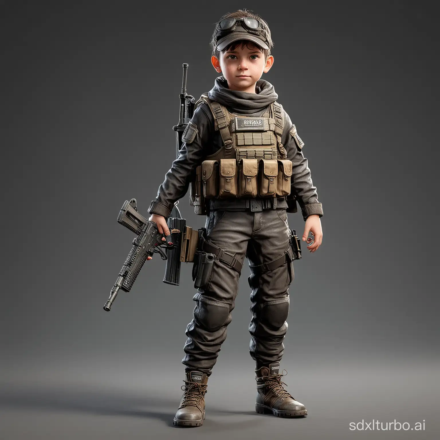 Little child pubg character with masculine face, wearing full armor and ransel with assault rifle m416, game character, stands at full height