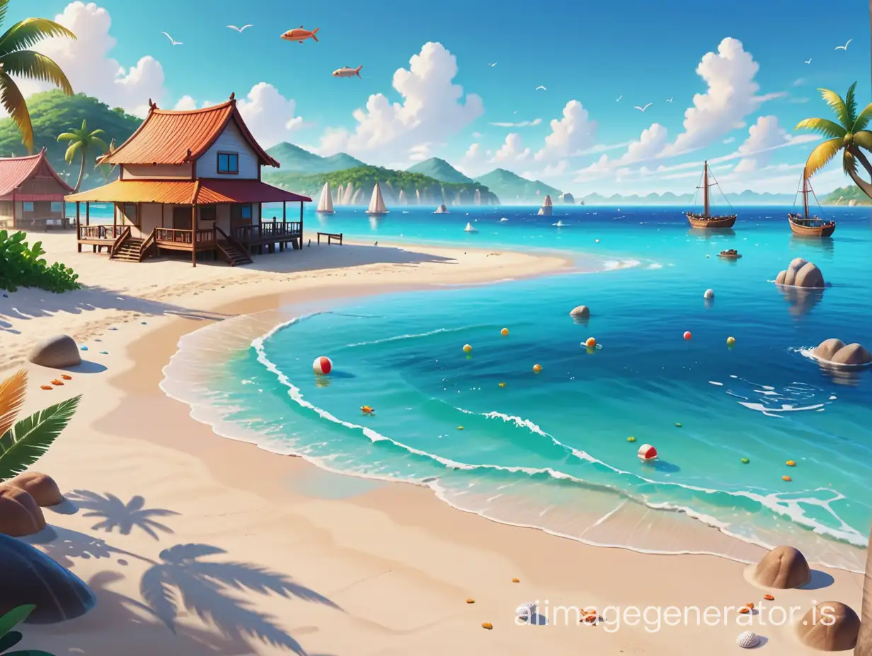 ground view of sea with stuff everywhere, multiple stuff on beach, realistic 2d , game background, architecture