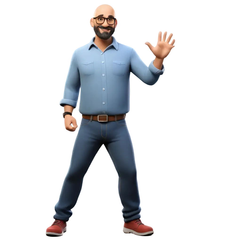 47YearOld-Disney-Pixar-Style-Character-PNG-Bald-PotBellied-Man-with-Glasses-Beard-Jeans-Gray-Shirt-Red-Collars-Black-Sneakers-Giving-a-Cool-Sign