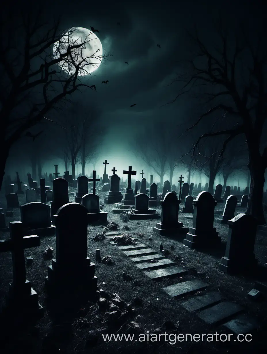 Мрачное кладбище посреди ночи в стиле хоррора