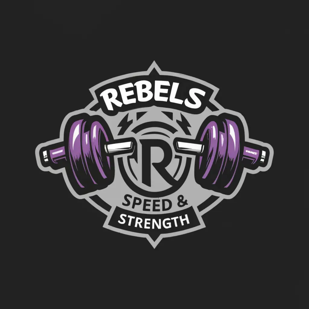 a logo design,with the text 'Rebels Speed & Strength', main symbol:Weights, Purple, Black, Gray,Moderate,be used in Sports Fitness industry,clear background