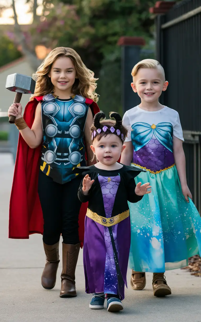 Photograph of a 9-year-old girl wearing a Thor costume, a cute 7-year-old little blonde boy with short smart hair shaved on the sides wearing a mermaid Ariel Disney Princess dress, and a cute 5-year-old little brown haired boy wearing a Maleficent Disney Princess dress and headband, walking outside for Halloween, English, perfect children faces, perfect faces, smooth