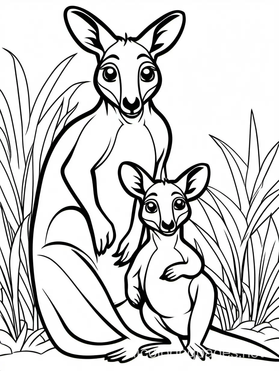 cute Kangaroo Joey with his baby for kids easy for coloring, Coloring Page, black and white, line art, white background, Simplicity, Ample White Space. The background of the coloring page is plain white to make it easy for young children to color within the lines. The outlines of all the subjects are easy to distinguish, making it simple for kids to color without too much difficulty
