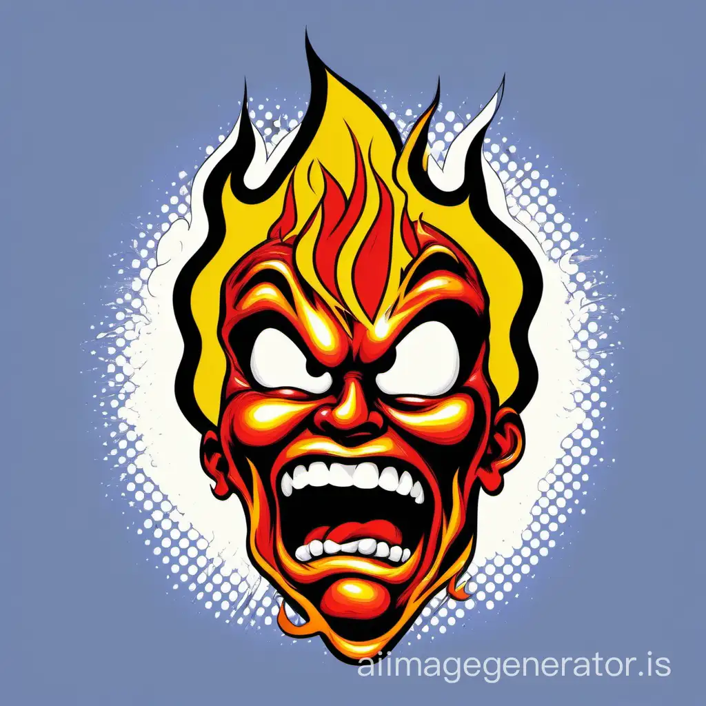 Abstract cartoonish pop art design of a human flaming face with angry expression, tshirt print shape, with empty background