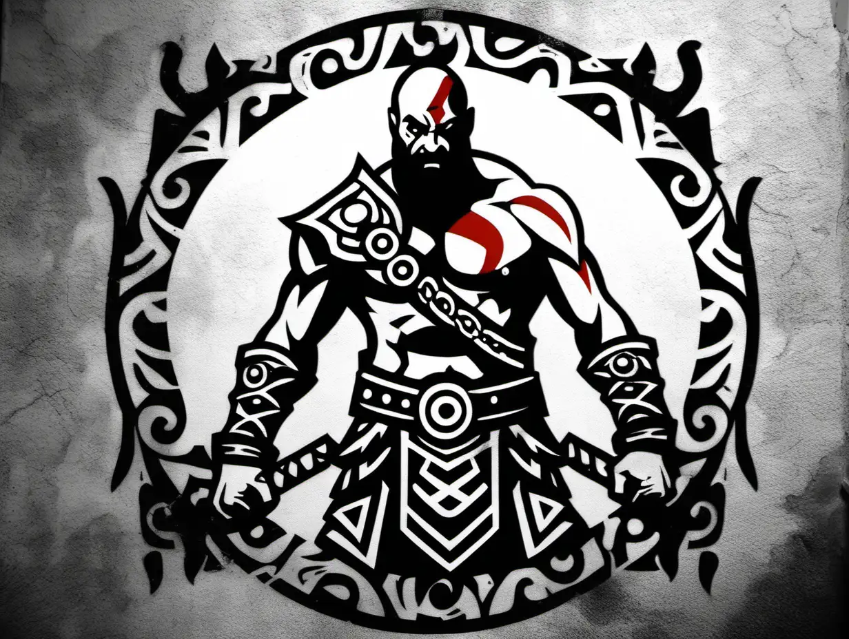 Kratos,God of war, ragnarok, black and white, stencil 