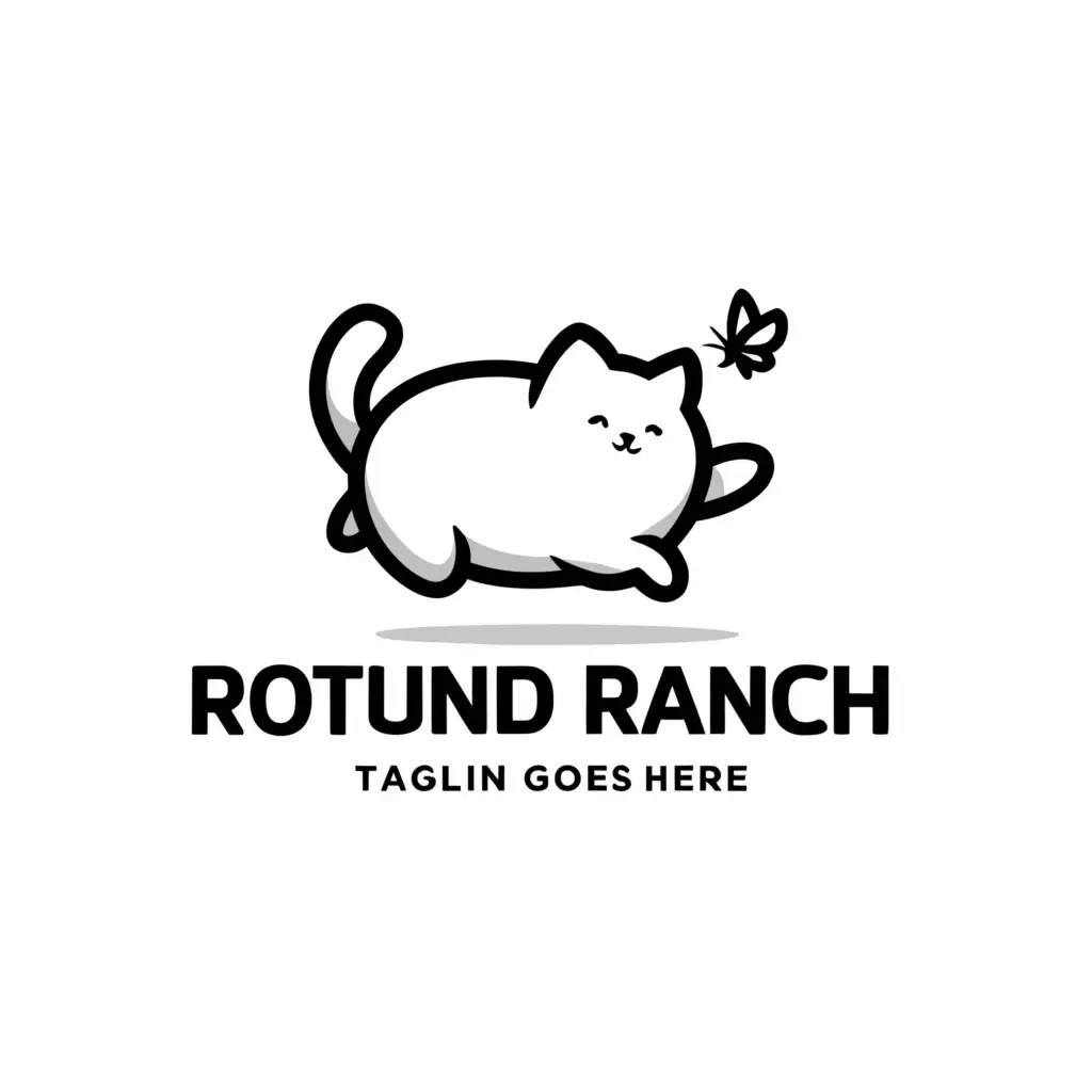 a logo design,with the text 'Rotund Ranch', main symbol:jumping obese cat chasing butterfly,Minimalistic,be used in Animals Pets industry,clear background, no tagline
