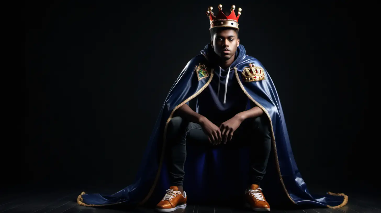 a young adult dressed casual with a king cape and a crown. He is seating on a football throne looking at the camera scornfully. Ultra realistic. 8K photography. shot in studio. dark environment.