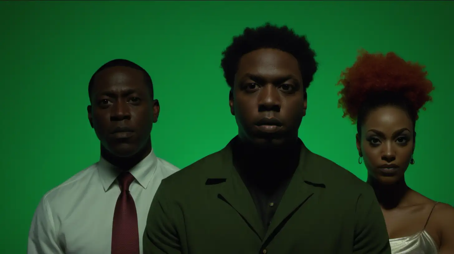 The image depicts a scene, set against a green screen background, with three african american  individuals. The camera placement is at eye level, facilitating a direct connection with the subjects, and employs a medium shot to capture the characters from the waist up. This framing choice helps in showing both their facial expressions and some body language.
Compositionally, the scene is well balanced, with the characters evenly distributed across the frame. The central character occupies the foreground, and although slightly out of focus, he commands attention due to his prominent positioning and proximity to the camera. The other two characters flank him, one on each side in the background, which adds depth to the image and creates symmetry.
A shallow depth of field is used, sharpening the focus on the man in the center, while the characters in the back are less distinct, guiding the viewer's focus to the central figure and creating a layered effect.
The scene is bathed in soft, diffused lighting that casts no strong shadows, contributing to its cinematic aesthetic. The ambient lighting is particularly focused on the characters' faces, a technique that is essential in film for conveying subtle emotional nuances.
Color grading gives the scene a cool tone with a hint of desaturation, possibly to evoke tension, drama, or a particular stylistic intent. This color scheme, in conjunction with the characters' introspective and varied expressions, as well as their distinctive and eclectic costumes, hints at a narrative that is not confined to a specific era, blending elements of both modern and vintage styles.
