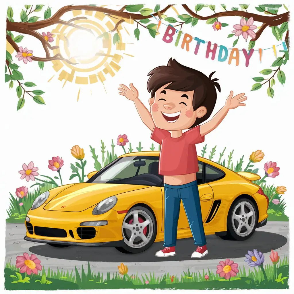 Sunlit Spring Birthday Drive Joyous Teenage Boy with Car