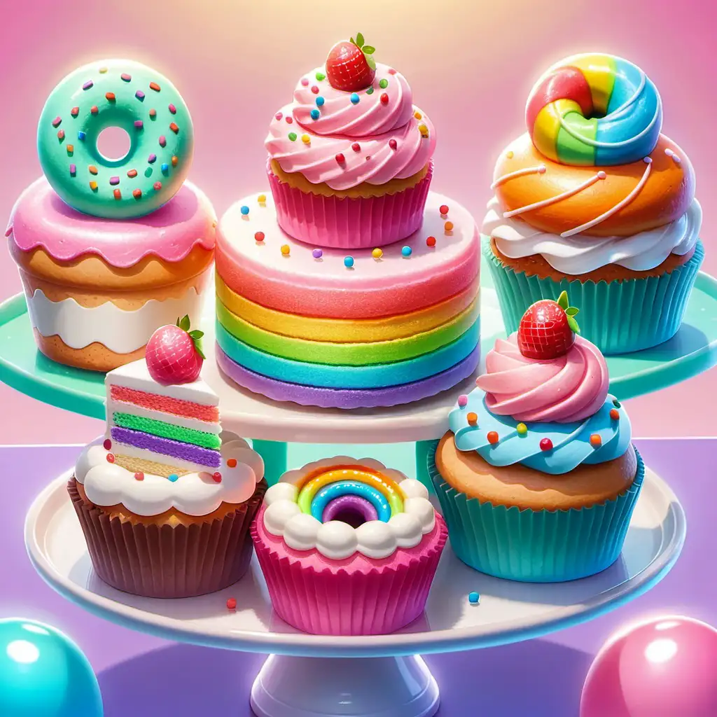 Regenbogenkuchenparty: Eine Gruppe von Kawaii-Leckereien - Cupcake, Donut, Eis und Keks - veranstaltet eine fröhliche Regenbogenkuchenparty in der Bäckerei, bei der sie neue Freunde treffen und gemeinsam Leckereien dekorieren.