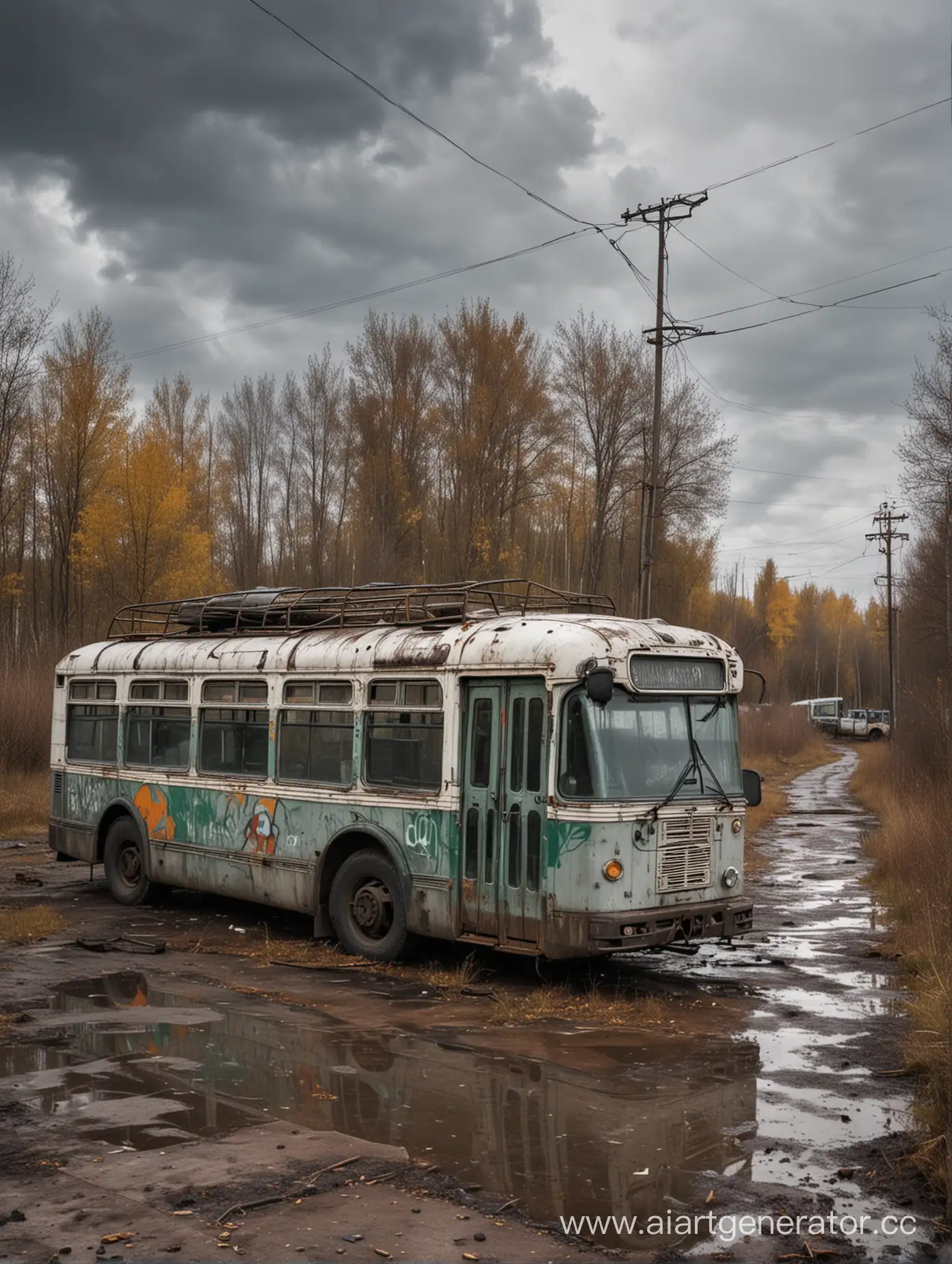 Заброшенный троллейбус в русском городе в заброшенных дворе осень дождь тучи серые граффити на стенах очень грязно 