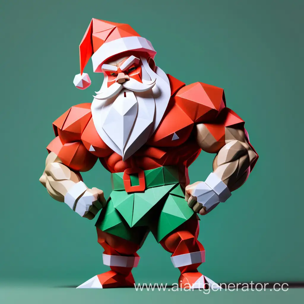 simple logo of a bodybuilder Santa clause posing three colors, made of origami.