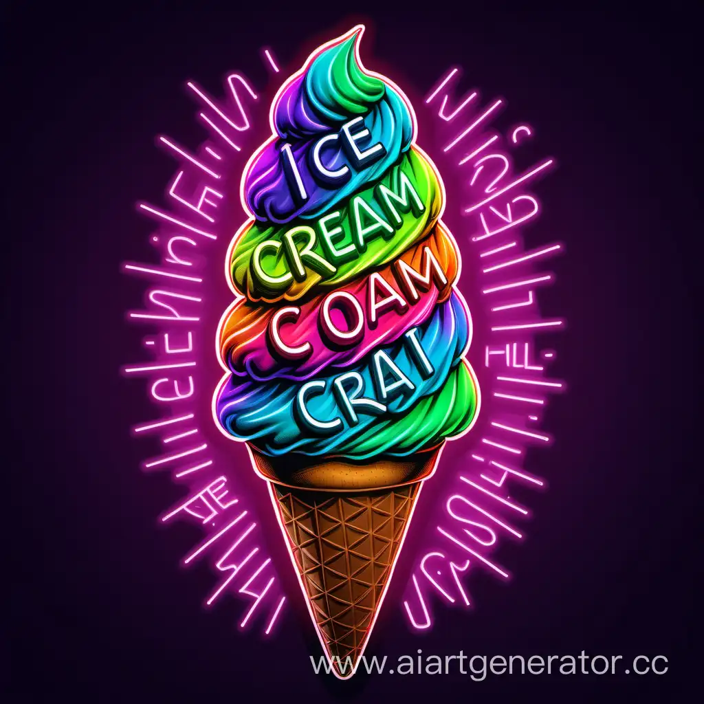 Dilgital illustration ice cream cone with inscriptions , neon colors