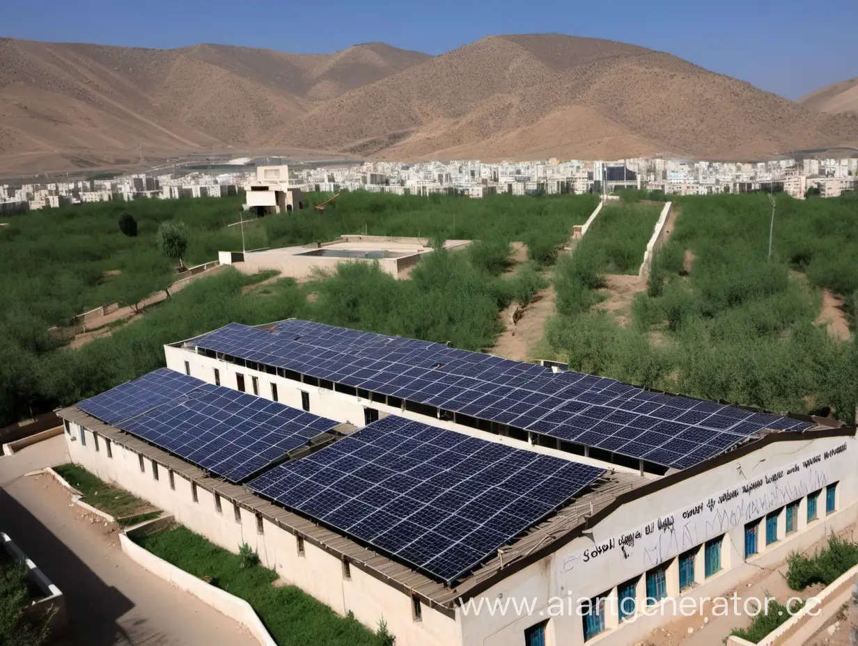 a school  little , one storeyed ,  is built on the top of a hill , on the attic are set solar panels number 91 , in front of it a little stadium, on the left side a lot of blossoming  almond  trees  lengh 32 metres width 10 metres. on the hill is written a word  QIZILQOSH