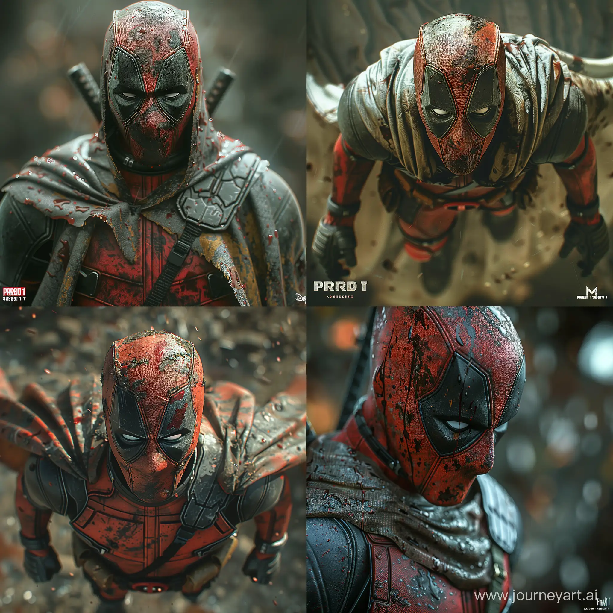 realistic deadpool , looking down, cinematic, dark, prime 1 studio, (awe-inspiring:1.1), majestic, pompous, (floating in mid-air:1.5), (leviating:1.5), extreme detailed, flowing cape, chiaroscuro, harsh shadows, bloody highly detailed --style raw --stylize 500