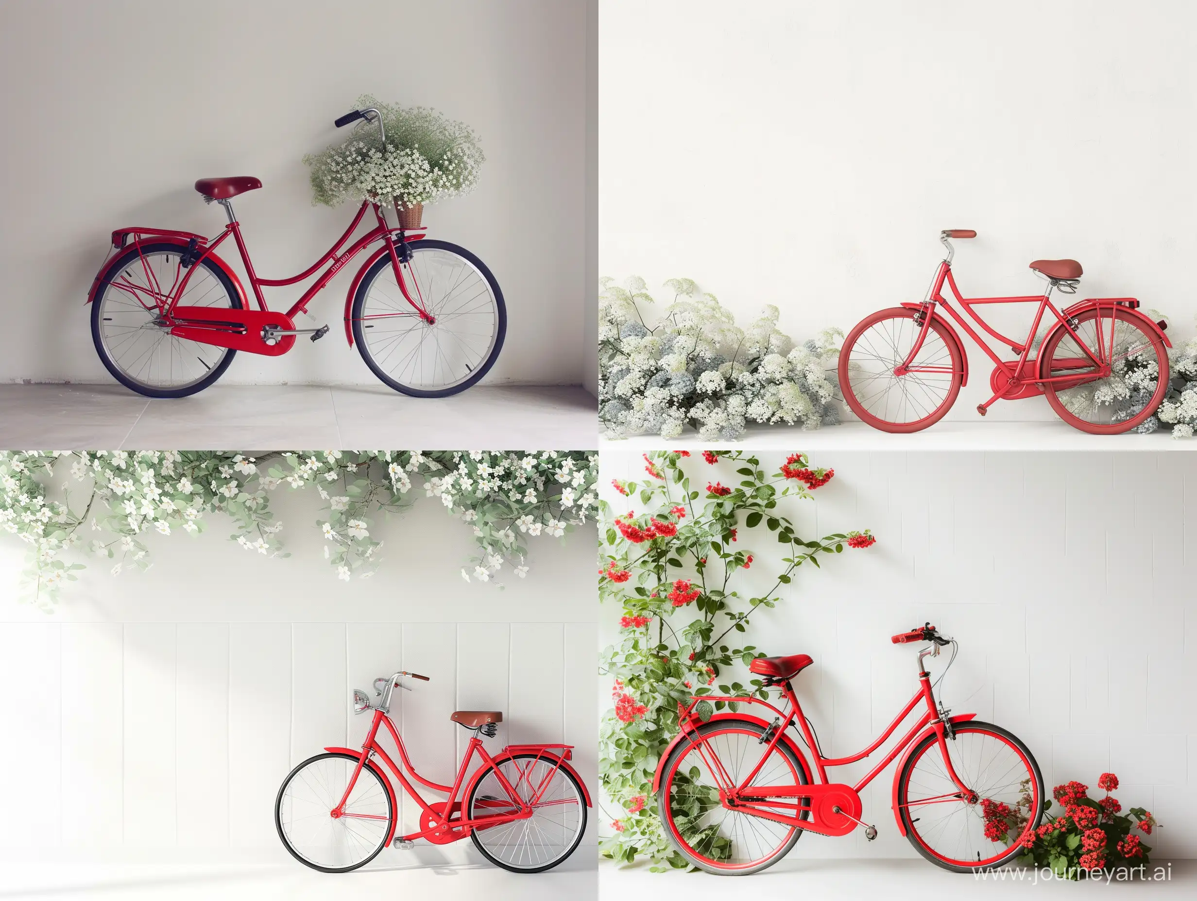 Red retro bicycle with backet and flowers in front of the white wall, background --v 6 --ar 4:3 --no 99050