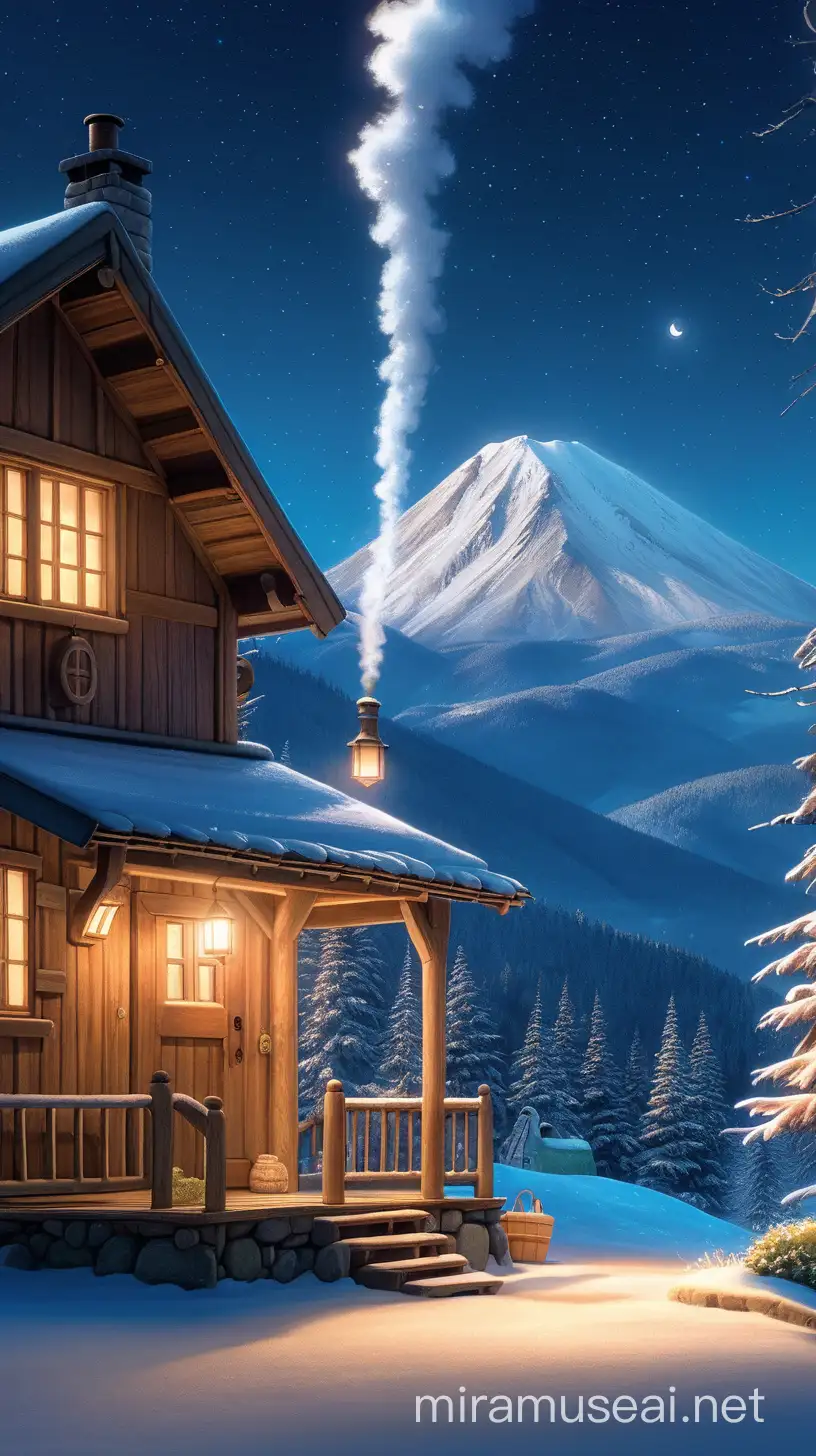 Studio Ghibli, 8k soothing , A cozy cabin nestled in snowy mountains at night, warm light spilling from the windows. Smoke curling from the chimney into a star-filled sky." (Creates a sense of comfort and serenity)