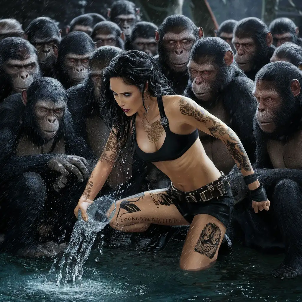 simios de la pelicula el planeta de los simios echándole agua a bella mulata sexi tatuada