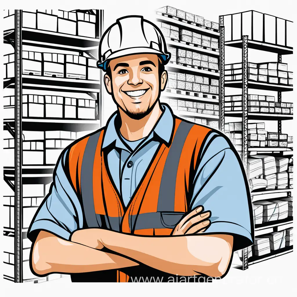 Joyful-Warehouse-Worker-Surrounded-by-Auto-Parts-Skada-Vector-Drawing