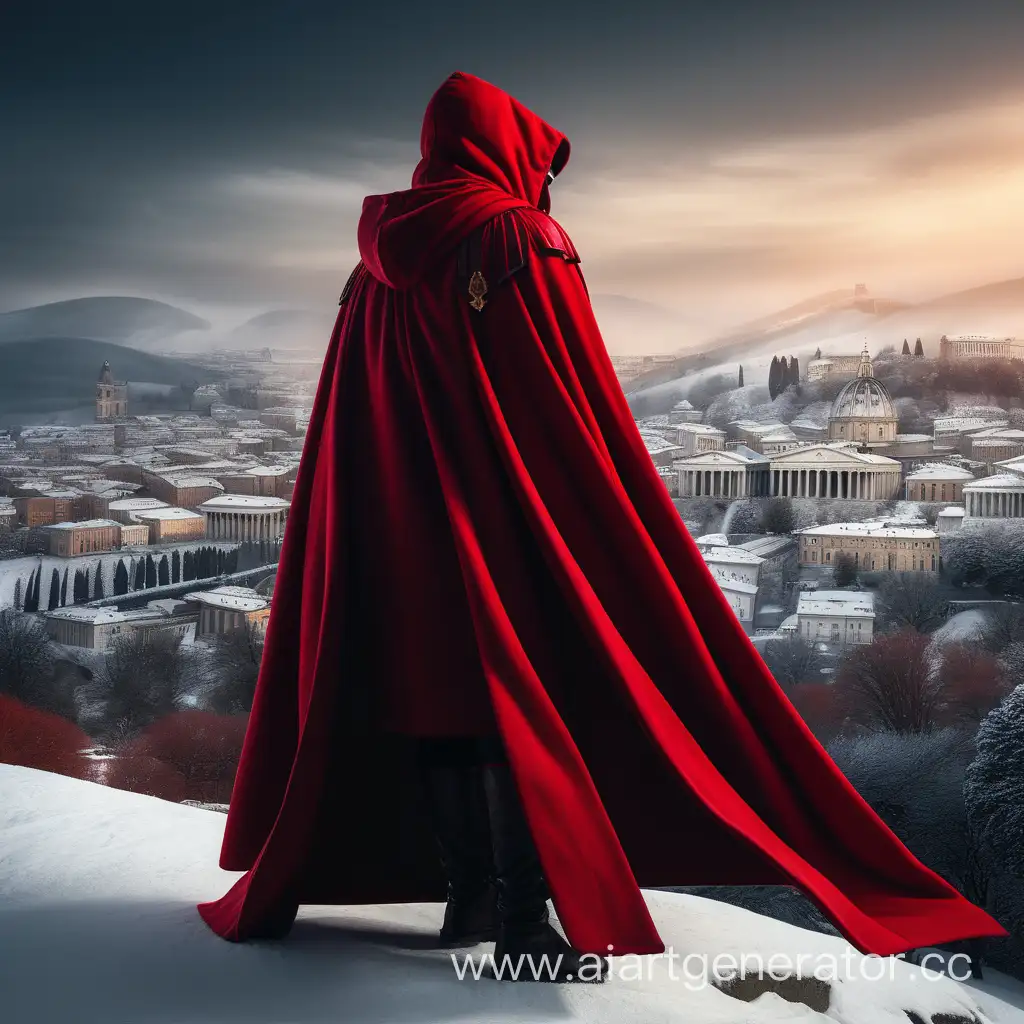 Roman senator, dressed in red long cape and hood, with black gloves, stay on the hill