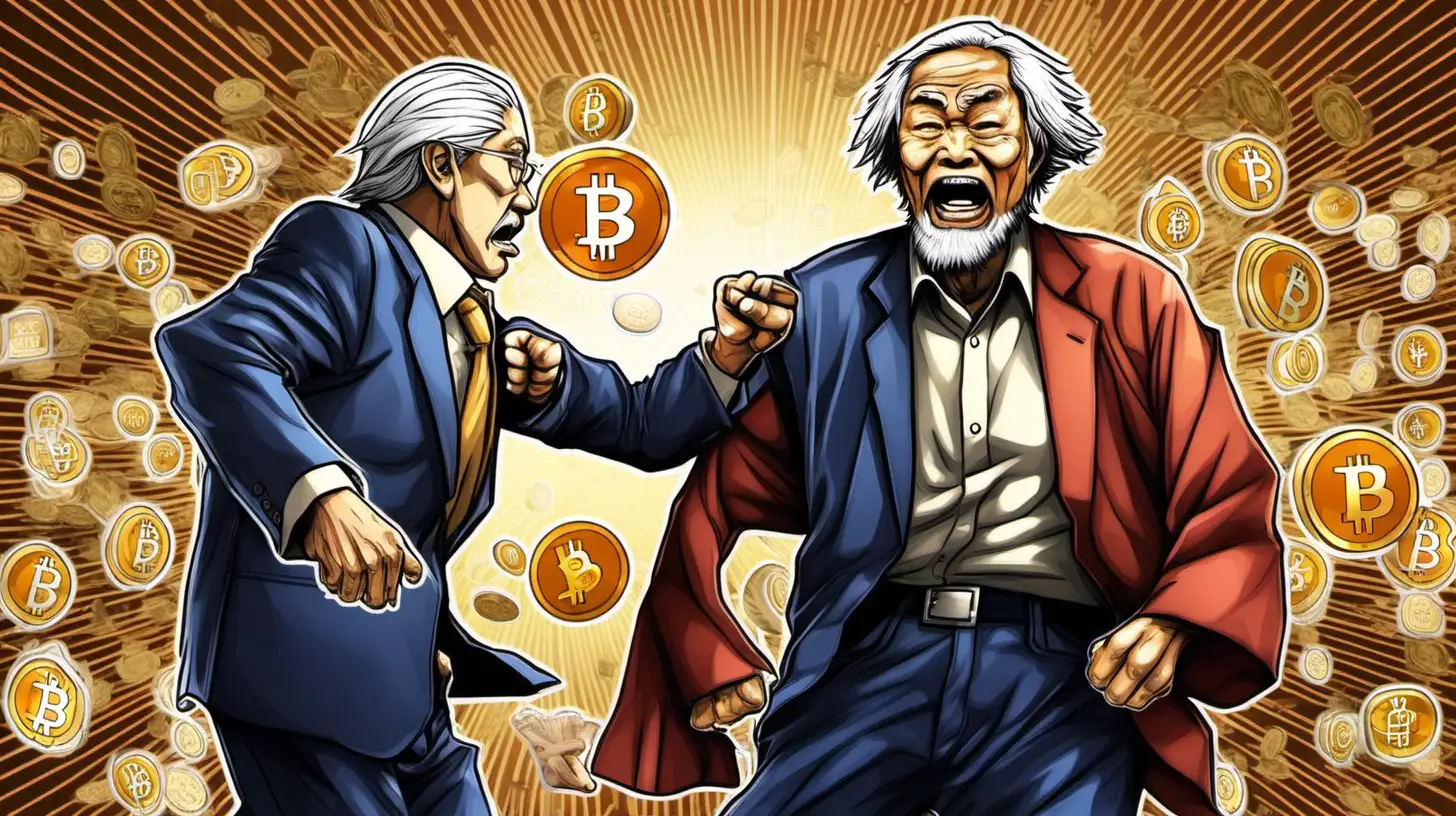 an ameriacan man in his 50s and a old japanese man fighting over bitcoin