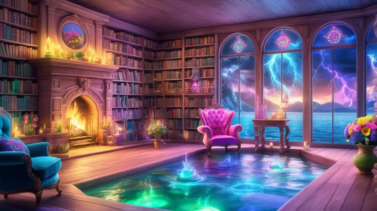 Giant library with potions and books creates path to fairytale magical cozy-fireplace with bright-green-pink-yellow-blue-purple glowing flowers in a glowing bright pink water pond and ocean side with blue-river and  thunderstorm in the sky and magical-cozy chair and fireplace