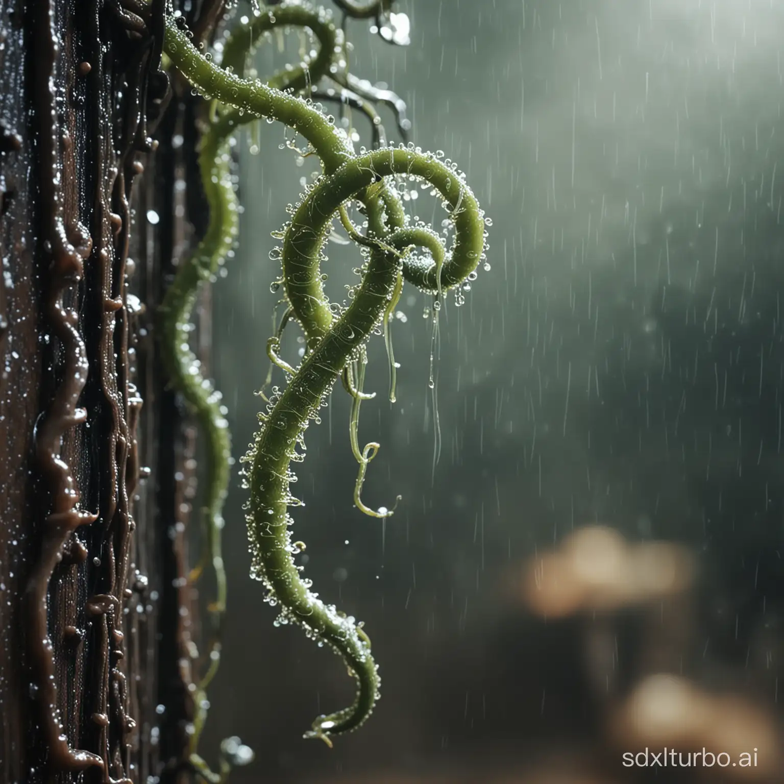 close up on a glistening sinister tendril wiggling in the wet post-apoc interior, shallow depth of focus