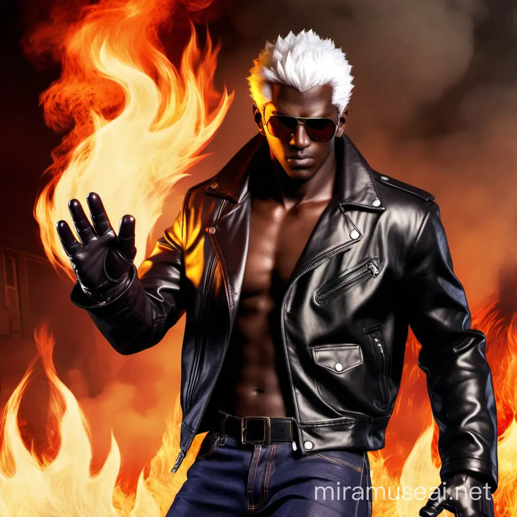 1 man, white hair, dark skin, sunglasses, leather jacket, glove on right hand, fire in right hand, intimidating, blazing inferno background, Lora K' [King of Fighters]