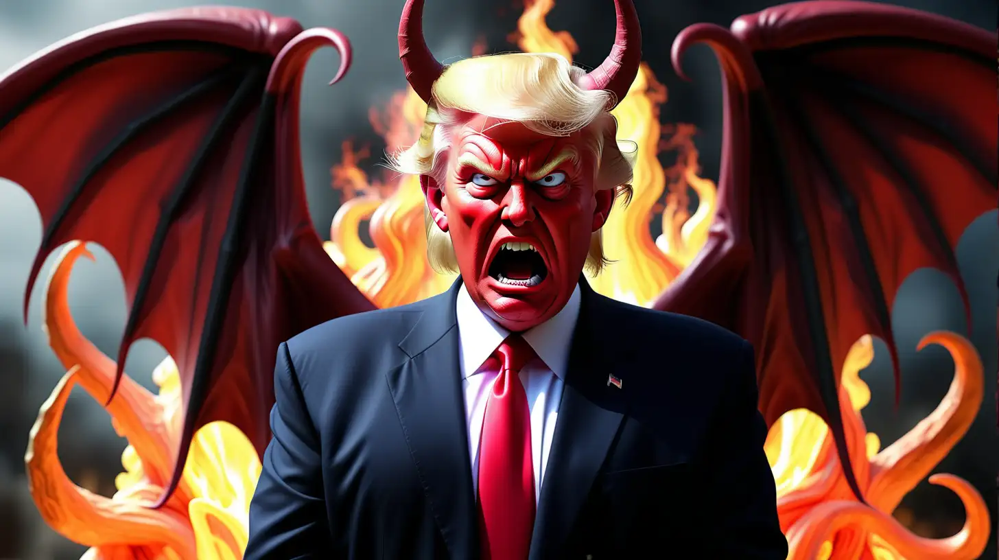 Donald J Trumps as satan, vivid, sharp