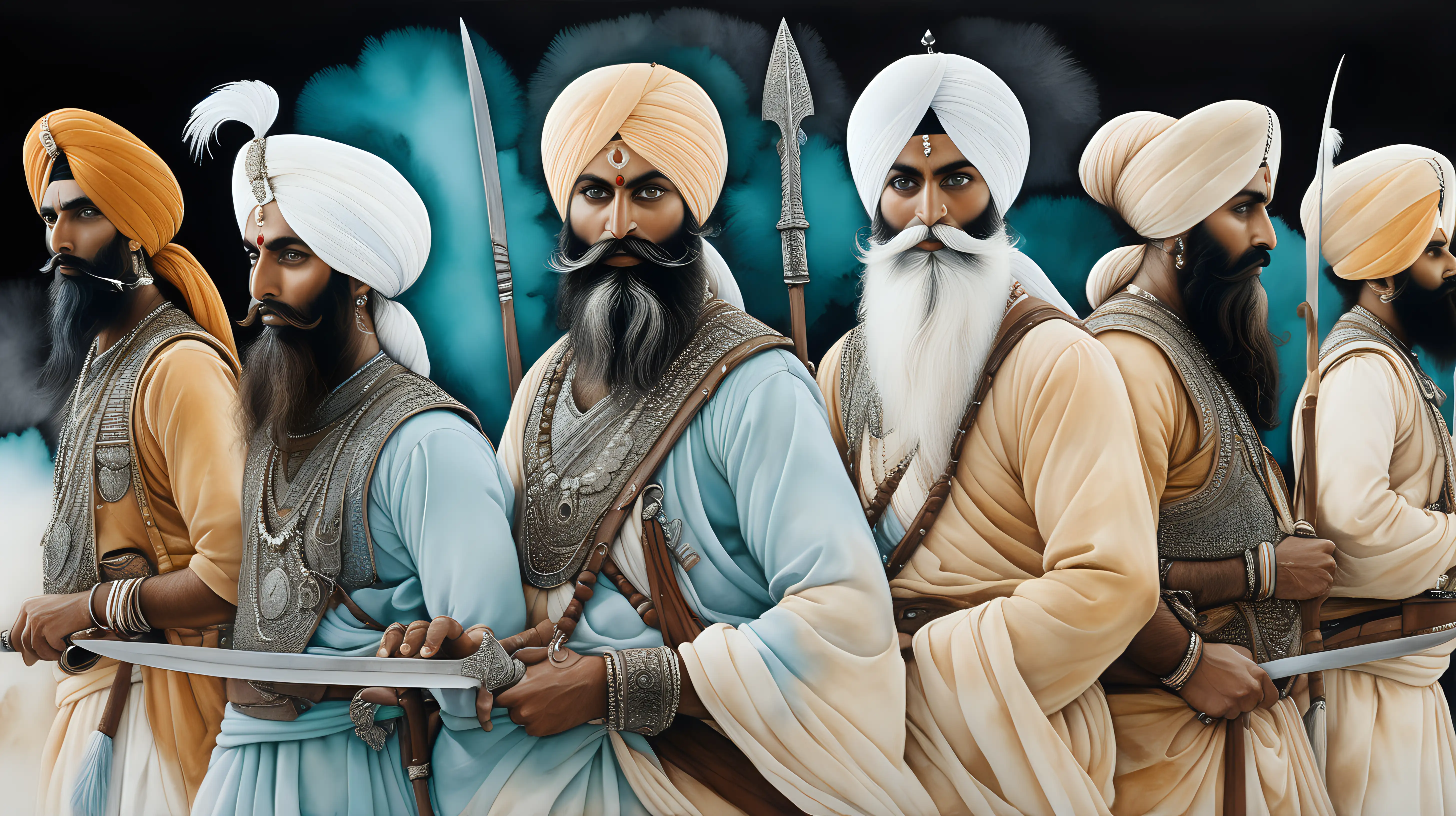 Sikh warriors, watercolor, intricate details, art landscape, colour scheme centred on vibrant cream, white, ochre, aqua against a stark black, black negative space, backdrop, chiaroscuro enhancing the intricate details, in a digital Rendering “v6”