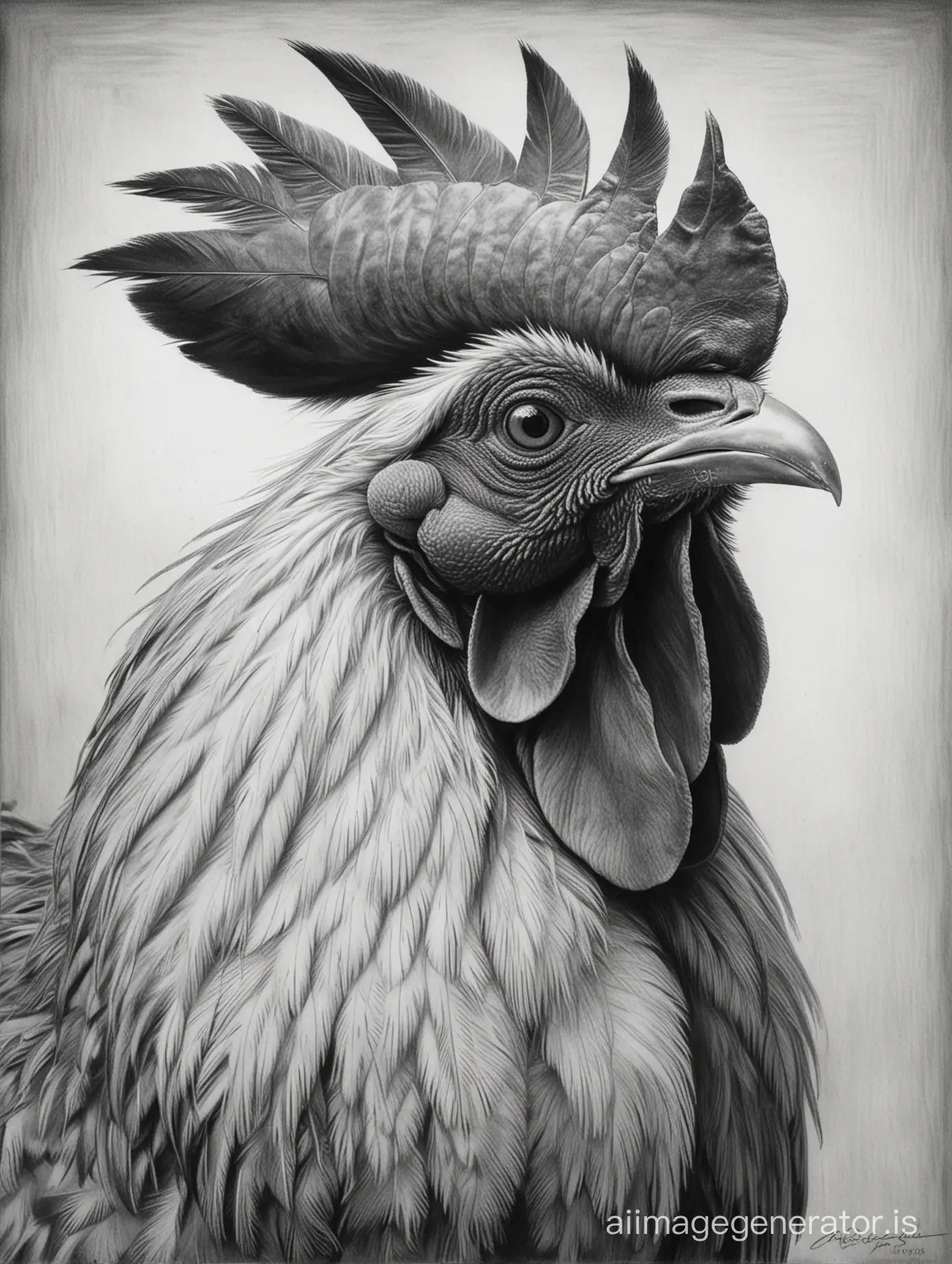 In Picasso's style created an artist's pencil drawing in black and white of a Welsummer Rooster head