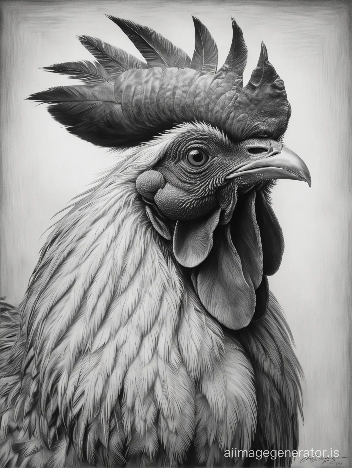 In Picasso's style created an artist's pencil drawing in black and white of a Welsummer Rooster head 

