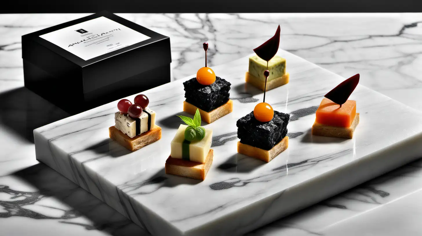 black stylish packaging with assorted canapés on a marble table, photograph of food from a Michelin restaurant, snacks, a masterpiece work of art, yummy, gourmet, absolutely outstanding, on a bright day, collect, by Anita Malfatti, f 2.0, inspired by Rudolf von Alt